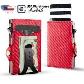 Casekey Fashion Slim Minimalist Pu Vintage Leather Smart Money Clip Wallet Rfid Blocking Pop up Aluminum Card Holder for Giftcolor: Carbon Red