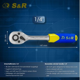 S&R Reversible Ratchet 1/4" Ratchet Wrench, Ratchet 45 Teeth for Socket Wrench Insert Nuts Chrome Vanadium Steel (1/4" Square Drive) Ratchet Tool