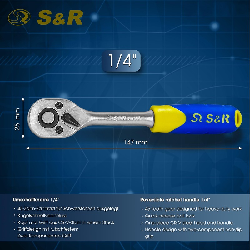 S&R Reversible Ratchet 1/4" Ratchet Wrench, Ratchet 45 Teeth for