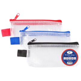 Mini Tuff Bag Zip Wallet Clear Plastic Wallets Zipped Pouch File Pencil Case Folder Water Resistant Reinforced Heavy Duty Mesh Bags (Mini - 3 Pack)