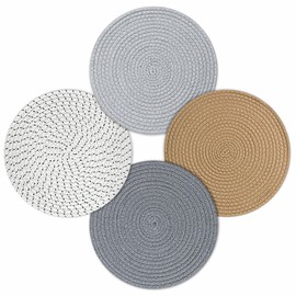 fanquare Placemats Set of 4, Round Cotton Braided Place Mats, Non-slip Washable Heat Resistant Table Mats Coaster Dinner Table Kitchen(Linen,grey,light grey,grey point,30cm)