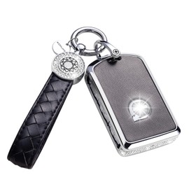SHANGHONG Compatible with Volvo Key Fob Cover with Keychain Leather Crystal 360 Degree Protection Key Shell Case for Volvo XC90, XC60, XC40, S60, S90, V60, V90, Polestar 1, Polestar 2 (Black)