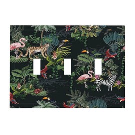 Decorative Switch Plate Covers Wild Jungle Animals Flamingo Zebra Bird Tiger Palm Tree Leaves 3 Gang Light Switch Cover Nature Tropical Botanical Plant Triple Toggle Wall Plate Electrical Faceplate