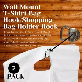 2 Pack - Wall Mount T-Shirt Bag Hook/Shopping Bag Holder Hook, Chrome-Plated Steel Shopping Bag Holder for Market, Convenience Store, Retail, Kitchen, and Laundry Room - Holds 100 Bags