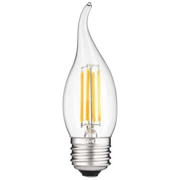 Sunlite 80421 LED Filament Flame Tip Chandelier 4 (40 Watt Equivalent) Clear, Dimmable, Light Bulb, E26 Medium Base, 1 Pack, Warm White