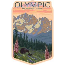 Die Cut Sticker Olympic National Park, Washington, Bear and Cubs with Flowers, Contour Vinyl Sticker 3 to 6 inches, (Waterproof Decal for Cars, Water Bottles, Laptops, Coolers), Large
