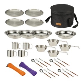 Camping Kitchen Tableware Mess Kit, Bowls&Dishes Set for 4 Person- 31pcs Utensils Set with Plate Spoon Fork Serrated Knife,304 Stainless Steel Bowl&Cup&Dish,Storage Bag,Backpacking, Hiking Picnic