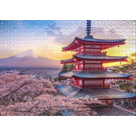 Ulmer Puzzleschmiede - Fujiyama Jigsaw Puzzle - Classic 1000 Piece Jigsaw Puzzle - Chureito Pagoda at Fujiyoshida with view over cherry blossoms on Mount Fuji, the landmark of Japan