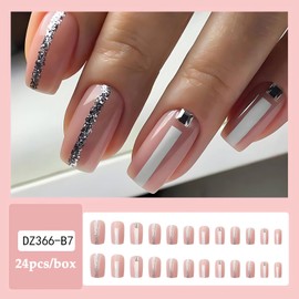 SINSEN French Press on Nails Medium - Square Shape Fake Nails with White Stripe Glitter, Glossy Pink False Nails with Adhesive Glue Stickers, Reusable Stick on Nails in 12 Sizes, 24 Pcs Medium Nails