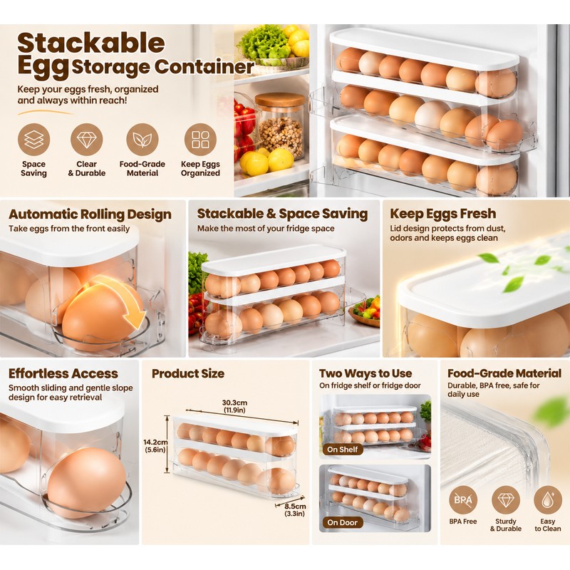 2-Tier Rolling Egg Holder for Refrigerator Organization – Automatic Gravity-Feed
