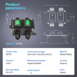 OELFFOW Waterproof On Off Toggle Switch Double Switch with Green Light Rocker Button Inline Cord Switch DPST AC/DC 20A-125V,16A-250V,30A-24V,35A-12V, IP66 4 Exit