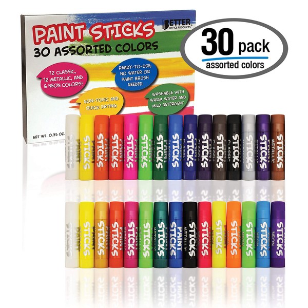 Solid Tempera Paint Sticks, 30 Pack, Fast Drying, No Brush or Water Needed, Washable, 30 Assorted Colors, 12 Classic/12 Metallic/6 Neon, by Better Office Products, Non-Toxic, Box of 30 Colors