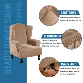 High Stretch Rich Velvet Plush Sofa Cover/Wing Chair Slipcover 1 Piece Wing Back Arm Chair Furniture Cover Slipcover with Elastic Bottom, Machine Washable Stay in Place, Camel