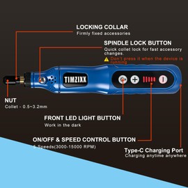 TIMZIXX Mini Cordless Rotary Tool, 5-Speed Rotary Tool Kit with 72 Accessories, Multi-Purpose Sander Front Work Light Power Grinder for Sanding, Polishing, Drilling, Etching, Engraving, DIY Crafts