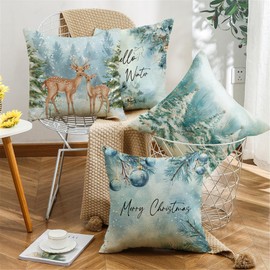 Ni-JASW Teal Christmas Throw Pillow Covers 18x18 inch, Forest Deer Xmas Cushion Case for Sofa Couch Set of 4