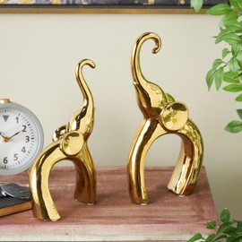 Deco 79 Ceramic Elephant Decorative Sculpture Arched Home Decor Statues, Set of 2 Accent Figurines 13", 11" H, Gold