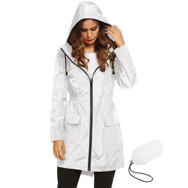 LOMON Womens Lightweight Waterproof Rain Jacket Active Outdoor Hooded Raincoat with Pockets White XXL