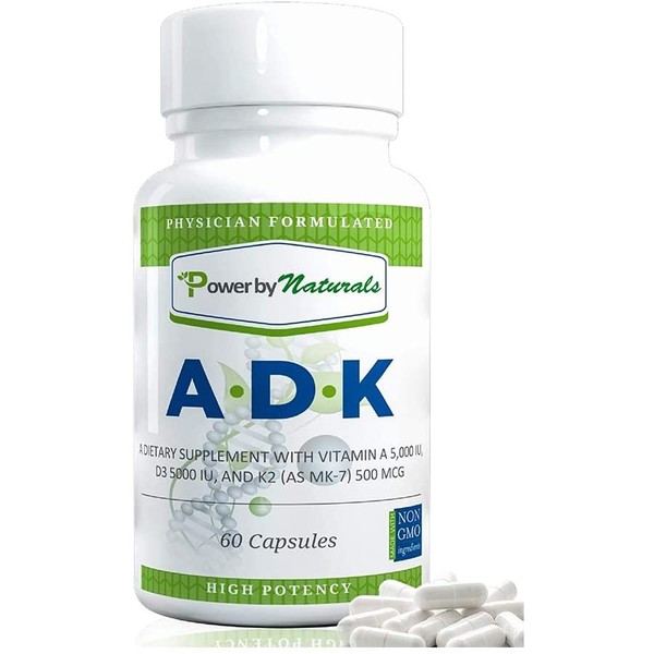 Power By Naturals - ADK Vitamin - Dr Formulated - High Potency A-D-K Vitamin A 5000 iu D3 5000 iu K2 (as MK-7) 500mcg, Supplement for Strong Bones, Immune, and Calcium Absorption - 60 Veggie Capsules