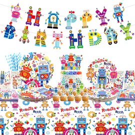 Robot Birthday Party Decoration - Include Pattern Banner, Tablecloth, Plates, Napkins, Tableware, Robot Theme Party Supplies for Boys Girls Kids Baby Shower, Serves 20