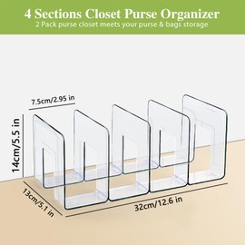 2 Pcs Purse Organizer for Closet, Acrylic Clear Purse Storage Organizers, Closet Organizers and Storage Purse Handbag Divider Holder, 4 Sections Purse Organizers Dividers in Bedroom Office (pink)