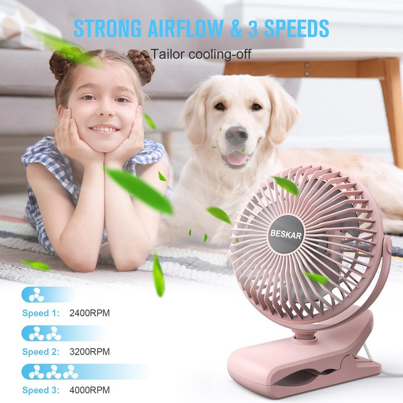 BESKAR Small Clip on Fan, 3 Speeds USB Fans with