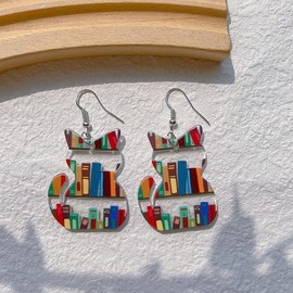 Cute Bookshelf Cat Earrings for Women Book Lovers Animal Funny Pendant Jewelry Gifts for Teachers Graduation School, M, Alloy Steel, No Gemstone