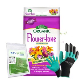 Espoma FT18 Organic Flower-Tone 3-4-5; 18 lb. Bag with My Garden Pool PH Soil Test Strips 20 ct, and My Garden Pool Superior Gardening Claw Gloves and Garden-IQ, Smart Gardening AI Assistant