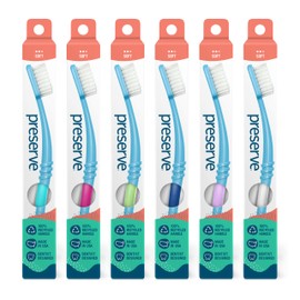 Preserve Eco Friendly Adult Toothbrushes, Made in The USA from Recycled Plastic, Soft Bristles, Colors Vary, Paperboard Package, 6 Count