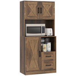 HOMCOM 60" Tall Kitchen Pantry Cabinet, Farmhouse Freestanding Hutch with Microwave Oven Countertop, Kitchen Storage Cabinet with Barn Doors & Drawers, Buffet with Adjustable Shelves, Brown