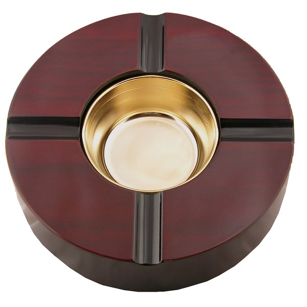 Quality Importers Trading 4 Cigar Wooden Ashtray, Large Brass Bowl, Cherry Wood Finish