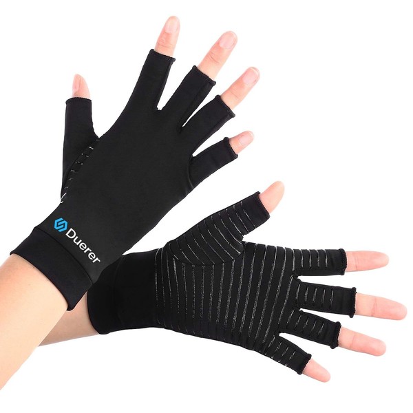 Duerer Copper Compression Gloves, Arthritis Gloves for Tendonitis, Rheumatoids, Osteoarthritis, Carpal Tunnel Pain Relief, Fingerless Gloves for Men and Women