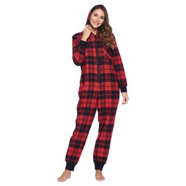 Ashford & Brooks Women's Flannel Hooded One Piece Pajama Union Jumpsuit - Red Black Tartan - XX-Large