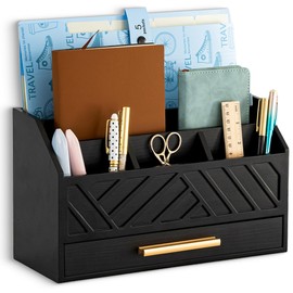 dreampossible Black Wood Desk Organizer and Accessories with Drawer, Bill Mail Organizer and File Mail Holder for Office Supplies, Modern Desk Accessories & Workspace Organizers for Desk Organization