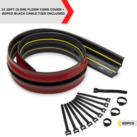 JOMAK Floor Cord Cover Heavy Duty Cord Protector - 10 ft Self-Adhesive Cable Protector - Complete with Bonus 20pk Cable Ties