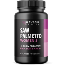 Saw Palmetto for Women + Biotin for Hair Growth | DHT Blocker with Biotin | Supports Radiant Skin & Healthy Nails | Vegan, Non-GMO, Made in Canada | Hair Skin and Nails Vitamins | 60 Capsules