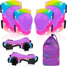 Knee Pads for Kids Elbow Pads Wrist Guards with Drawstring Mesh Bag, 7 in 1 Sport Protective Gear Set Adjustable for Girls Boys for Skating Cycling Rollerblading Scooter, 3-8 Years, Purple Unicorn