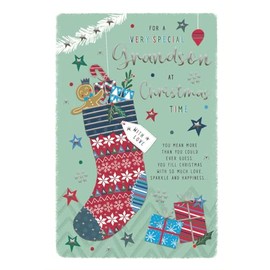 ICG Very Special Grandson Christmas Card - Stocking and Presents Embossed with Foil Details