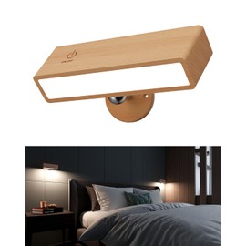YiLaie Battery Operated Wall Sconce,Wood Wireless Wall Lights for Bedroom,Cordless Rechargeable Wall Light,Bedside Battery Wall Mount Reading Lamp Dimmable,Magnetic Stick on Wall Lights for Bedroom