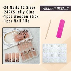 Jremg French Tip Press on Nails Long Square Fake Nails Glossy Brown Leopard Print False Nails with 3D Bow Designs Acrylic Nails Cute Full Cover Glue on Nails French Artificial Nails for Women 24Pcs