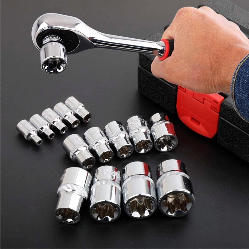 14Pcs Female E-Torx Star Socket Set, 1/4, 3/8, 1/2 in