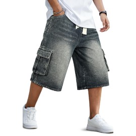 GINGTTO Mens Baggy Jean Shorts Cargo Long Jorts Men Below Knee Vintage Denim Shorts for Men Capri Elastic Waist Grey 38