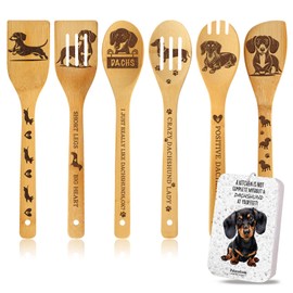 Dachshund Spoons Gifts for Women Dog lovers, Dachshund Decor Weiner dog Gifts for DogMom Friends Teacher, Cute Weiner Dog Pattern Engraved Bamboo Spoons Gifts Set of 6 with Funny Kitchen Towel