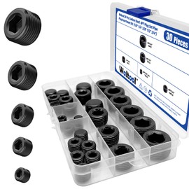 Waltool 30 Pcs Carbon Steel NPT Pipe Plugs Assortment Kit 1/8" 1/4" 3/8" 1/2" 3/4" Internal Hex Thread Socket Pipe Plug for Sealing Pipe Port