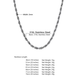 Supcare Mens Rope Chain, Stainless Steel Twist Rope Neck Chain 3MM, Minimal Rope Chains 20" inches