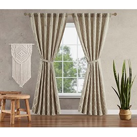 Jessica Simpson – Lynee Textured Diamond Patterned Ultimate Blackout Curtains | Set of 2 Panels and 2 Tiebacks | Privacy Drapes | Stylish Pocket Back-Tab Header | 52" x 84" | Beige