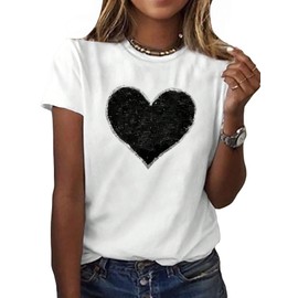 SweatyRocks Women's Heart Print Glitter Sequin T Shirts Casual Round Neck Short Sleeve Tee Tops White Medium