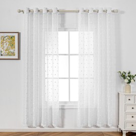 MYSKY HOME Curtain, White, Set of 2 Curtains with Eyelets, Sheer Voile Curtain, Children's Room Curtains, Living Room, Modern Embroidery, Eyelet Curtain, Transparent Decorative Curtain for Bedroom, H