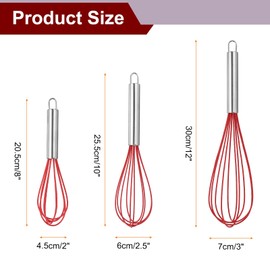 HARFINGTON 3Pcs Silicone Whisk 8" 10" 12" Kitchen Whisk Wire Whisks Beater with Stainless Steel Handle for Egg Milk Whisking Blending Beating & Stirring, Red