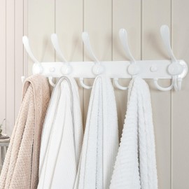 Dseap Wall Mounted Coat Rack - 5 Tri Hooks, Heavy Duty, Stainless Steel, Metal Coat Hook Rail for Coat Hat Towel Purse Robes Mudroom Bathroom Entryway (White, 2 Packs)