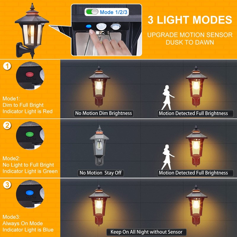 2 Pack Solar Wall Lantern Lights Outdoor with 3 Lighting